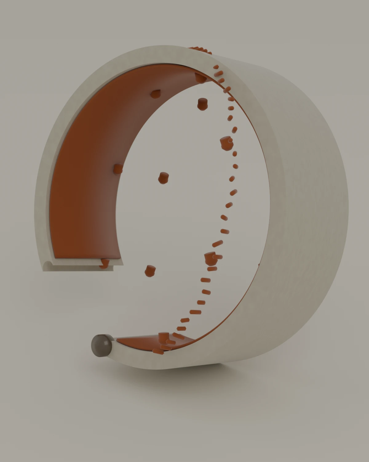 An open cuff seen end on, chalk-pale outside and amber within, with a line of raised stitches round the inner wall, thirty-one and then twelve closer together in another hand, and a horn pin closing the gap.