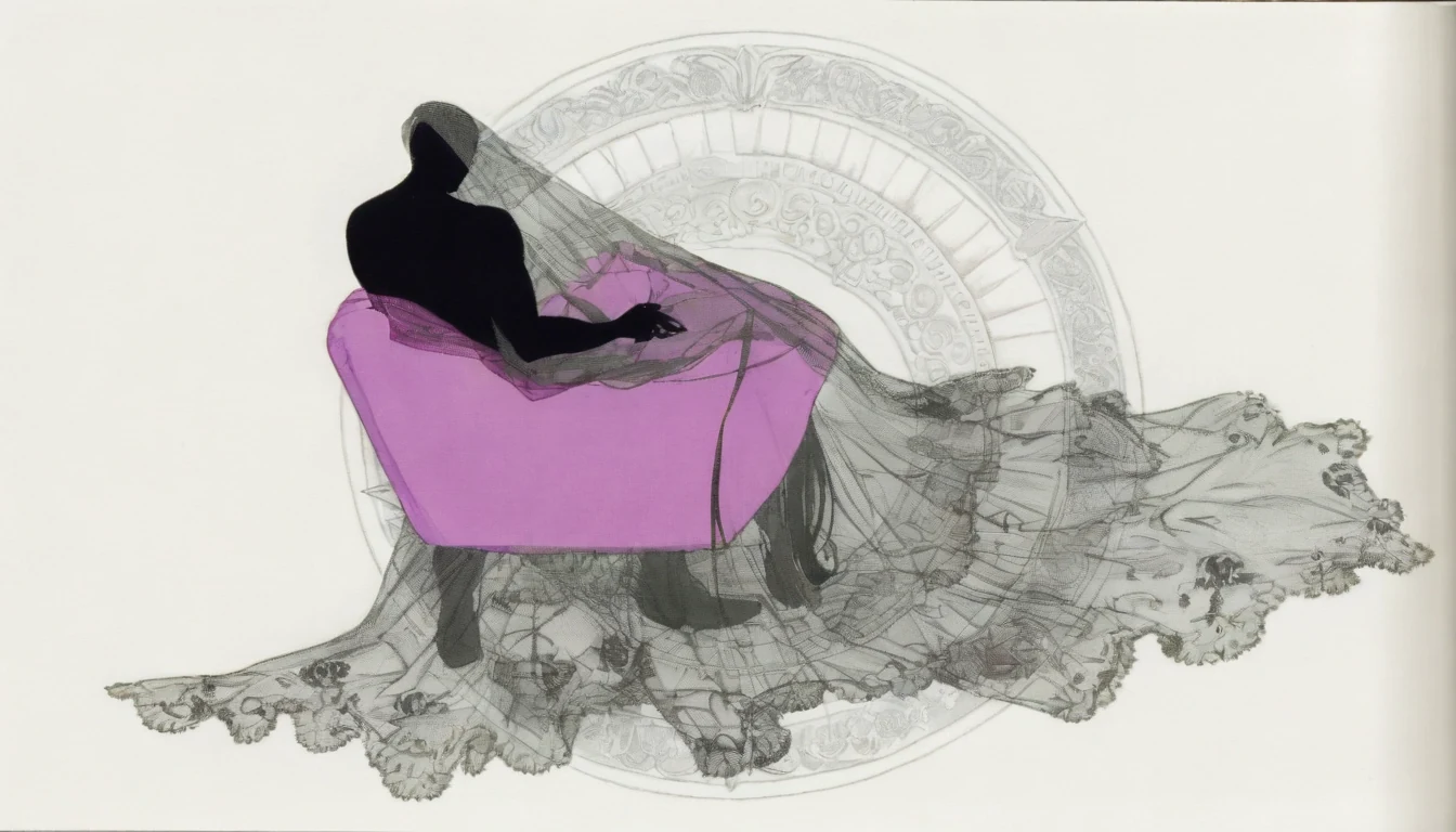 Ink drawing of a man in black silhouette in the same magenta armchair, under a veil of grey net, one hand over the chair arm, the net running off to the right to a scalloped edge worked with small flowers, the same pale ring behind him