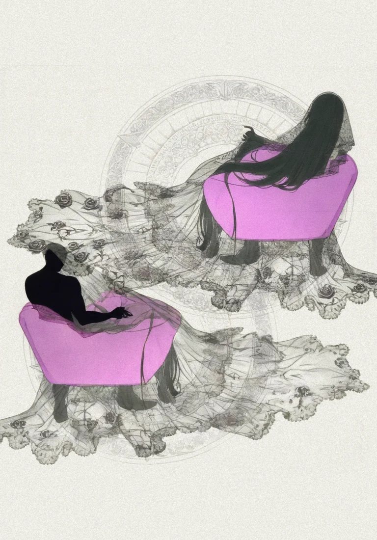 Two drawn figures in ink on cream paper, seen from behind, their faces hidden by the turn of their heads. She on the left in lace that pours away to the left; he on the right, a dark shape whose train pours right. Thin rings behind each of them, overlapping where they meet.
