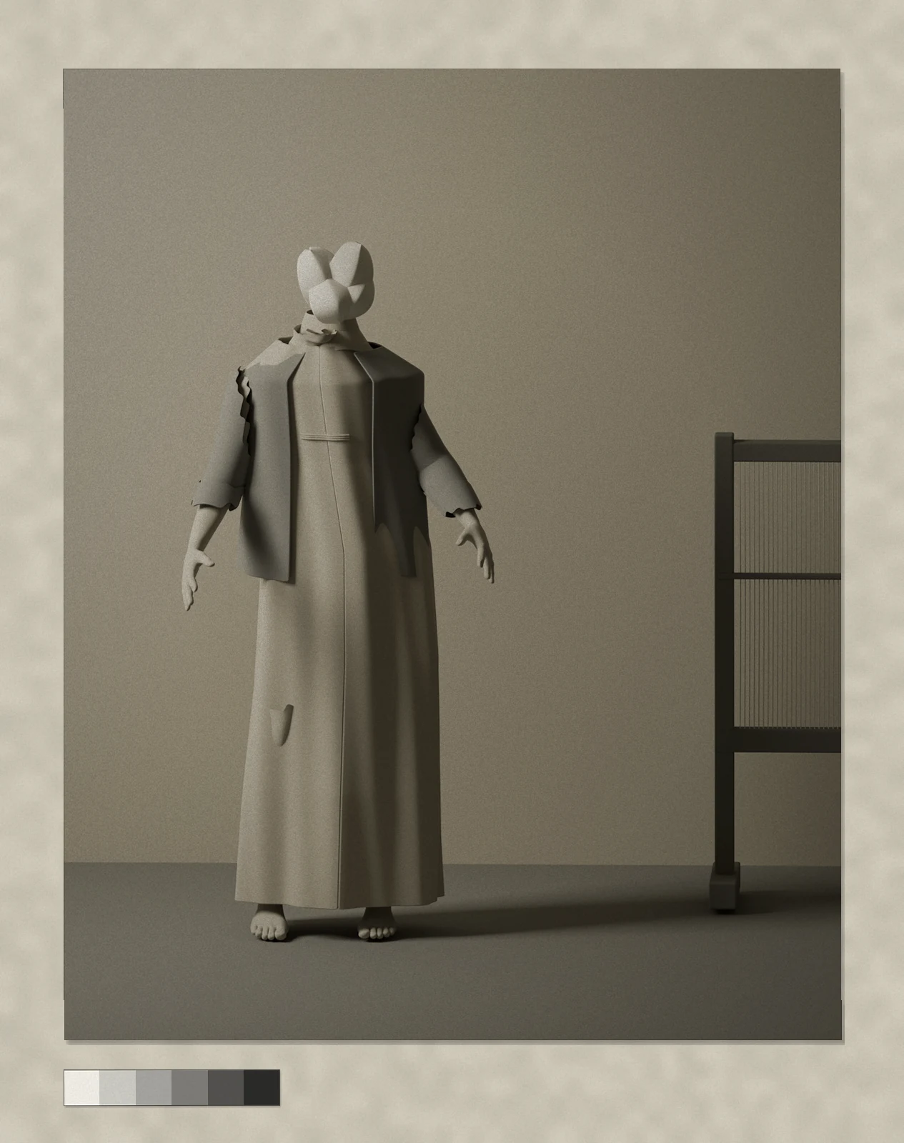 A familiar standing at full height, its whole body twill, the hem to the floor over bare feet and one raised doubled weft across the chest like a crease out of a drawer. Over it an old issue jacket whose sleeves stop two inches short of the wrist, the weave running crosswise where they end. Its weight is on one hip and the head is turned a little toward a hand loom at the right edge with its warp still on it.