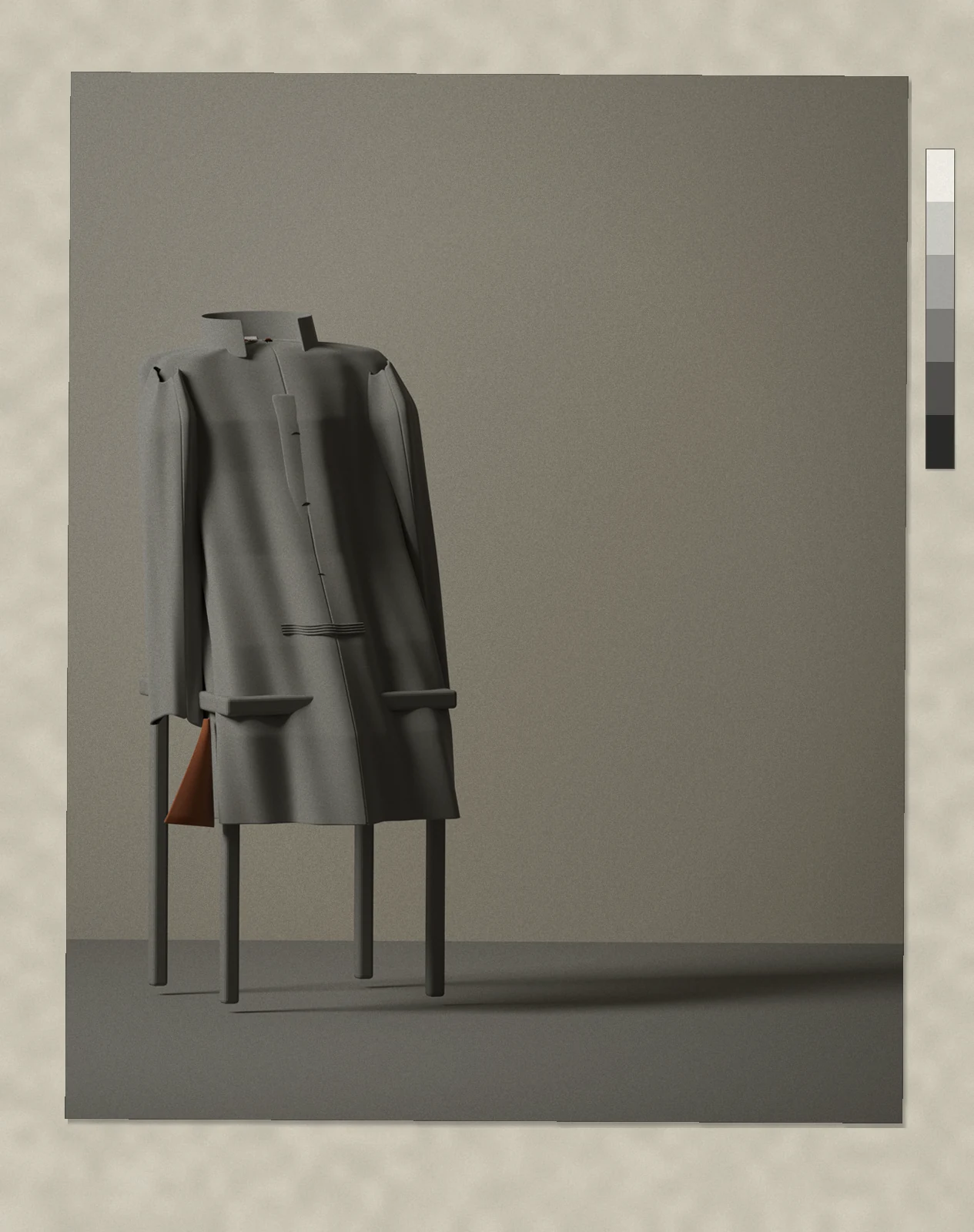 A long straight coat over a plain kitchen chair, nobody in it, the two sleeves hanging outside the chair back. It has fallen open at one side vent near the hem, where a narrow wedge of the lining shows. A concealed placket runs down the front, the blank tape is just visible inside the collar, and one doubled pick crosses the cloth at two fifths of the height. Two thirds of the plate is limewashed wall.